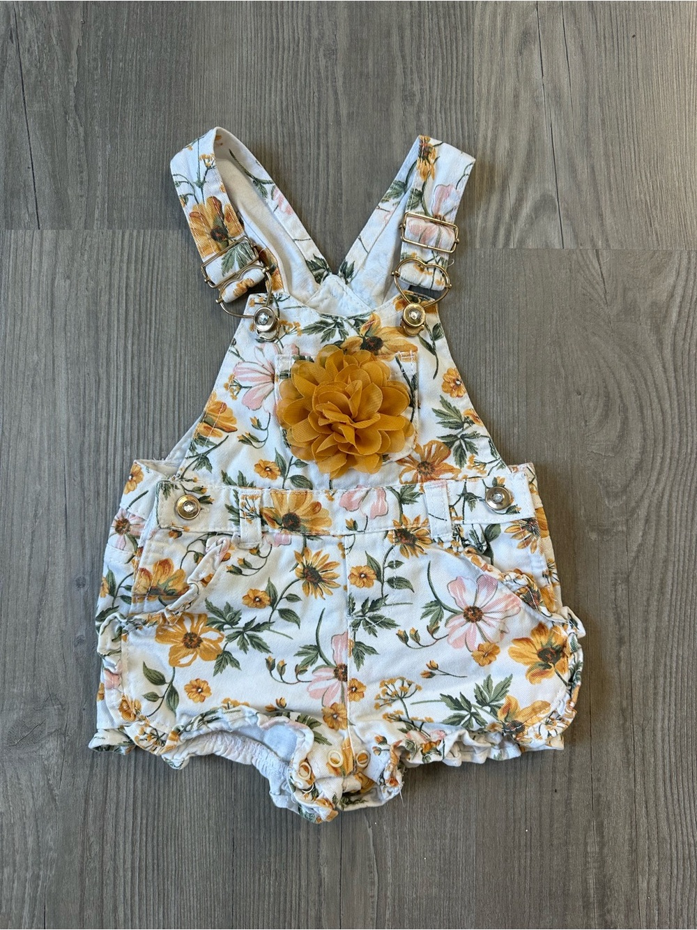 Baby Floral Shortall Romper with Yellow Flower Accent